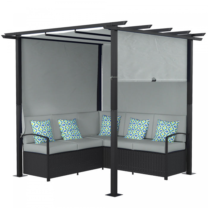 Outsunny Patio Furniture W/ Retractable Canopy Pergola Sofa Set, Grey
