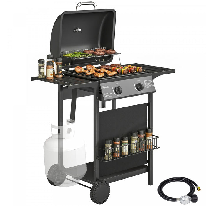 Outsunny 2-Burner Propane Gas Grill, 18000 BTU Outdoor BBQ Grill with Warming Rack, Shelf, Thermometer, Grease Cup, Barbeque for Backyard Patio, Black
