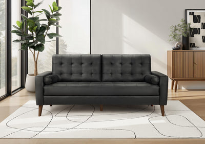 Upholstered Sofa, 75"L, Decorative Pillows, Solid Wood Legs, Black Leather-Look, Modern Sofa | Sofa Rembourre, 75"L, Coussins Decoratifs, Pieds En Bois Massif, Aspect Cuir Noir, Moderne