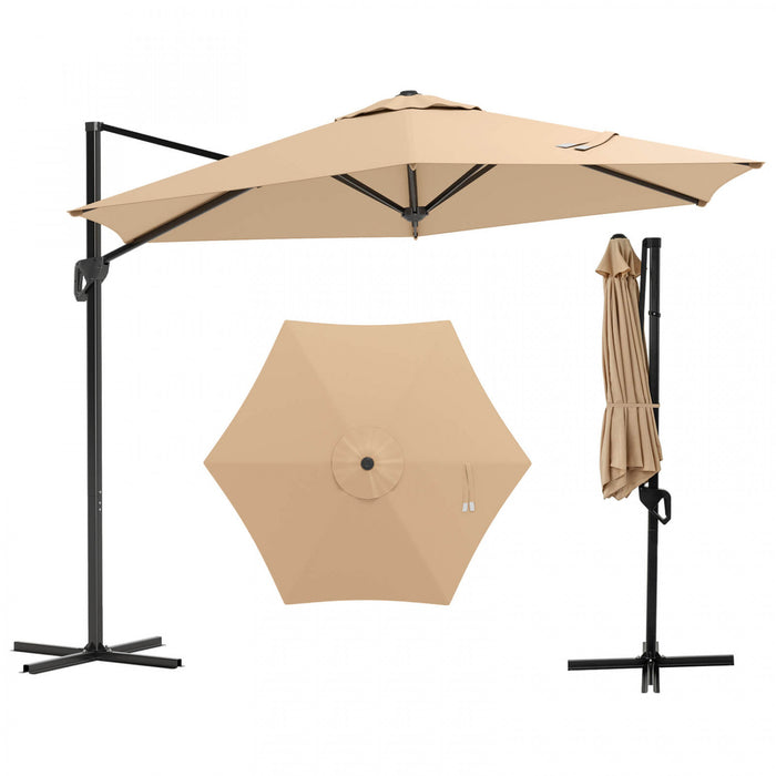 Costway 9 FT Patio Cantilever Umbrella with Sun-Protective Canopy, Top Air Vent Cross Base Beige