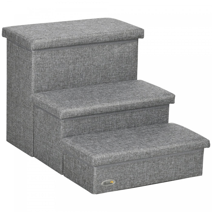 Pawhut Pet Stairs, 3-tier Dog Steps For High Bed Couch With Storage Box, Portable Pet Steps Home Ladder For Small Cat And Dog, Light Grey