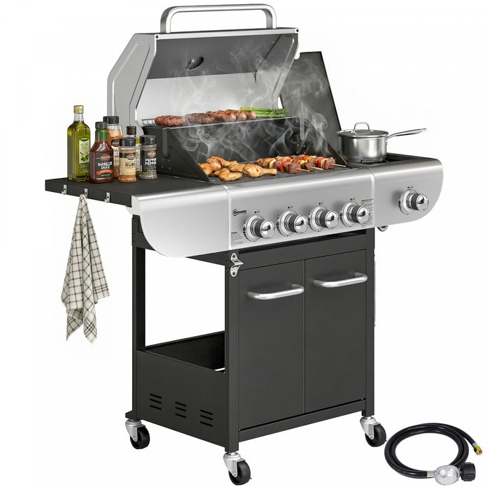 Outsunny 4 Burner Propane Gas Grill with Side Burner, 53,000 BTU BBQ Grill, Propane BBQ with Cast Iron Grates, Wheels, Warming Rack, Side Tables, Cabinet, Thermometer, Hooks