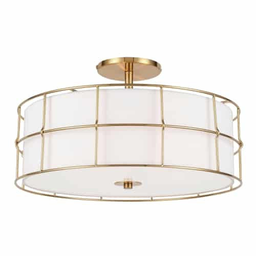 Dainolite Alcala 3 Light Semi-flush Mount Aged Brass Finish White Shade Lamp