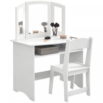 Qaba Kids Vanity Set, 2 In 1 Makeup Dressing Table Writing Table Pretend Play With Mirror Stool, Storage Shelf, Detachable Top, For Little Girls Aged 3-8 Years, White