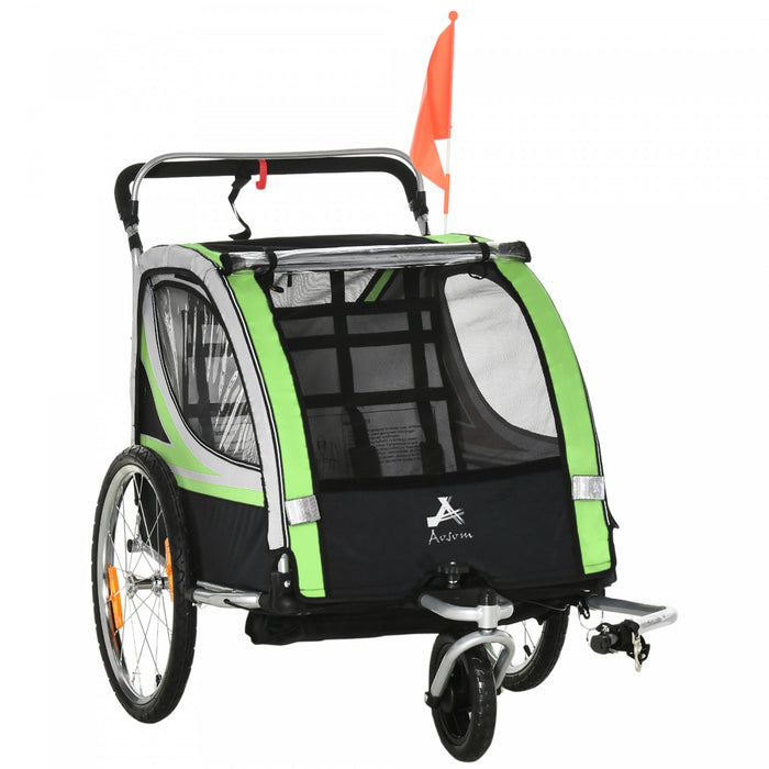 Aosom 2-in-1 Bike Trailer For Kids 2 Seater, Baby Stroller With Brake, Storage Bag, Safety Flag, Reflectors & 5 Point Harness, Green