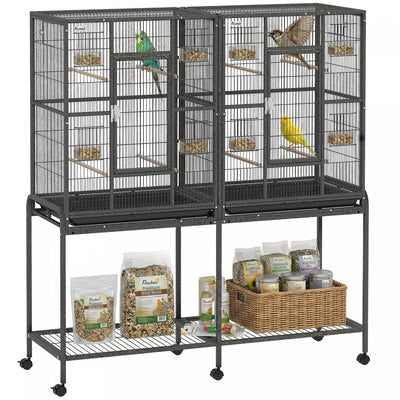 PawHut 56" Large Bird Cage, Rolling Metal Parrot Cage, Bird House with Detachable Rolling Stand, Storage Shelf, Wood Perch, Food Container, 50" x 17" x 56", Black