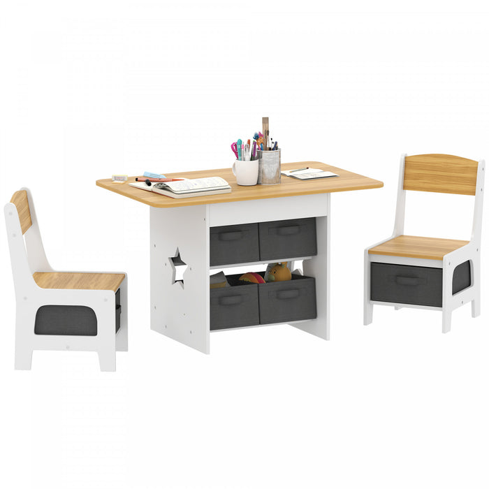 Qaba 3 Piece Kids Table and Chair Set, Toddler Table and Chairs Set with 6 Removable Drawers, for Ages 3-8, for Classroom, Living Room, Bedroom, Nursery, Playroom, Natural
