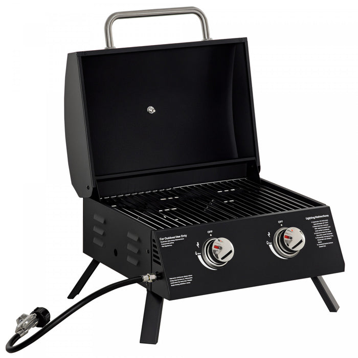 Outsunny 2 Burner Propane Gas Grill, Outdoor Portable Tabletop BBQ with Foldable Legs, 10000 Each Burner, Lid, for Camping, Picnic, Backyard, Black