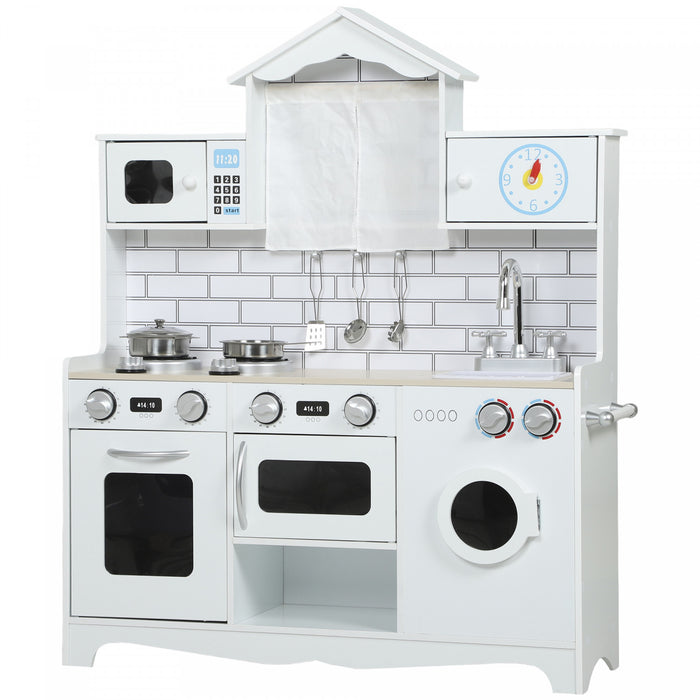Qaba Play Kitchen for Kids, Pretend Kids Kitchen Playset with Switch Knob Sound, Built-in Clock, Washing Machine, Microwave and Towel Rack, for Toddlers Ages 3-6 Years Old, White