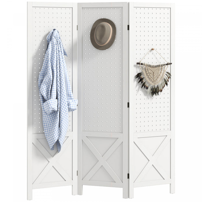 HOMCOM 56.9\" 3 Panel Room Divider with Pegboard Display for Indoor White