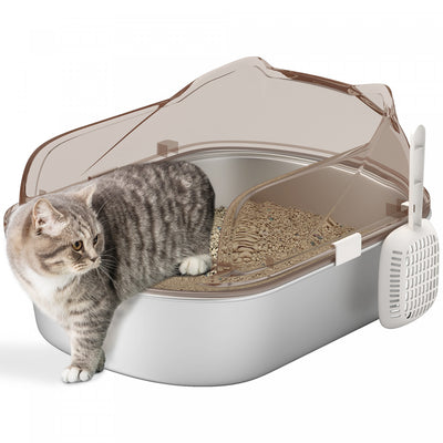 Pawhut Stainless Steel Cat Litter Box With Lid, Metal Kitty Litter Pan Tray With High Sided Enclosure, Steps & Scoop, Non-sticky & Anti-urine Leakage, Easy Cleaning