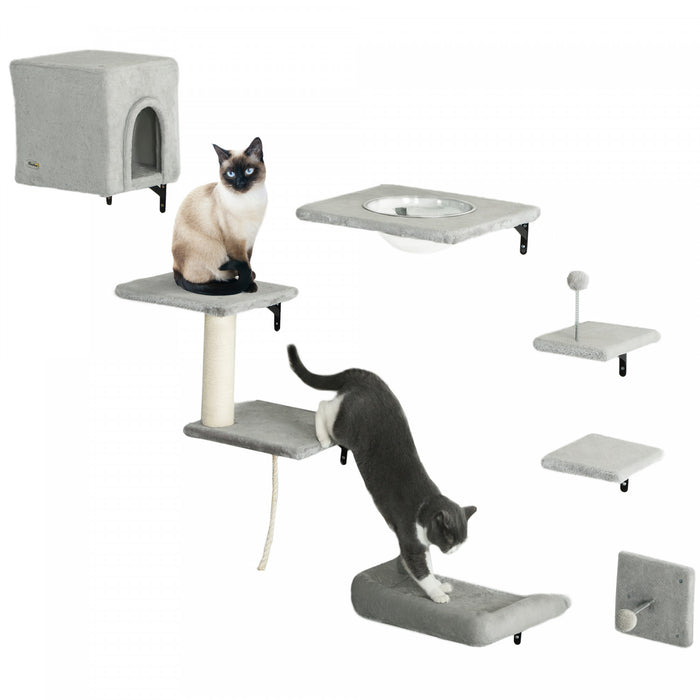 Pawhut Cat Wall Shelves, 7pcs Cat Shelves With Perches, House, Sisal Post Ladder, Bed & Ball, Ceiling Wall Mounted Cat Climber, Grey