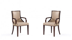 Grand Traditional Wood Upholstered Armchair in Tan - Set of 2 Dining Chair