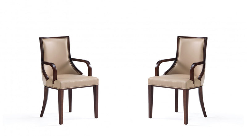 Grand Traditional Wood Upholstered Armchair in Tan - Set of 2 Dining Chair