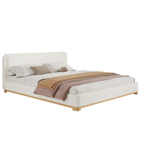 Ethan Low Profile Platform Bed Boucle with Upholstered Curved Headboard,King Size,White King Bed 