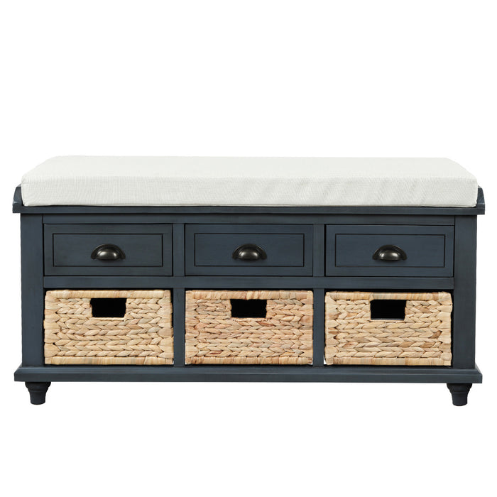 Harvey Solid Wood Storage Bench With Drawers And Rattan Baskets,antique Navy
