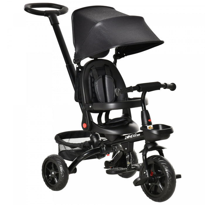 Qaba Baby Tricycle 4 In 1 Trike W/ Reversible Angle Adjustable Seat Removable Handle Canopy Handrail Belt Storage Footrest Brake Clutch For 1-5 Years Old Black