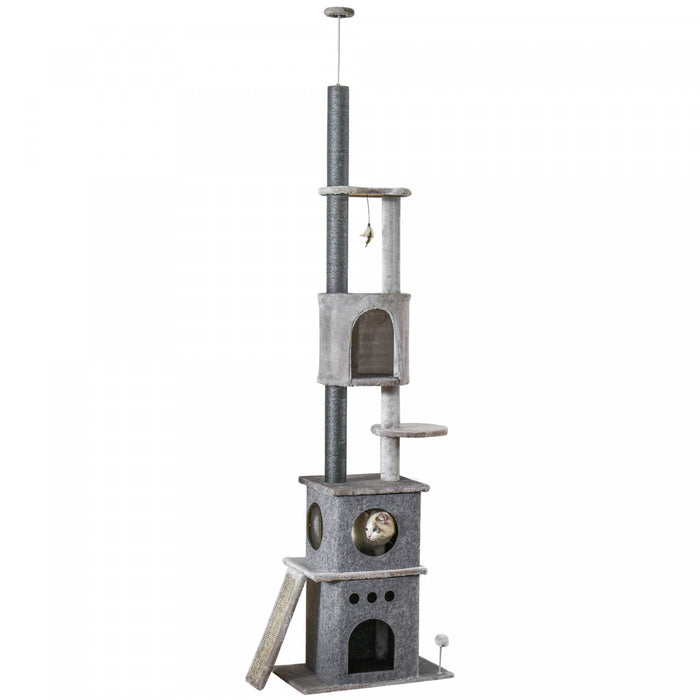 Pawhut 89\"-100\" Floor To Ceiling Cat Tree 6-tier Cat Climbing Tower Adjustable High With Scratching Post Board, Ramp, Cat Condo, Perch, Toy Ball, For Indoor Cat, Light Grey