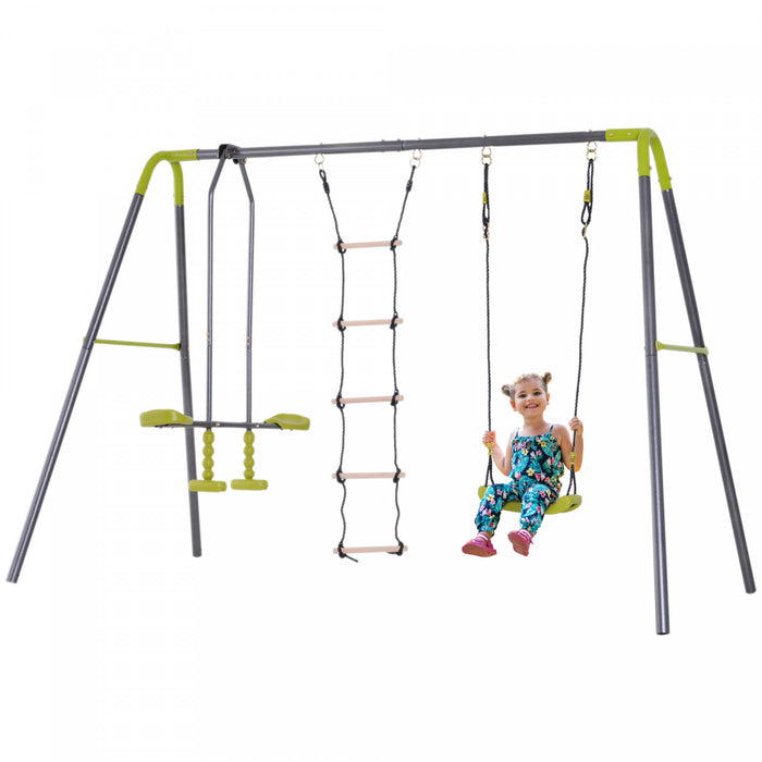 Homcom 3 In 1 Kids Swing Set, Double Face To Face Swing Chair & Glider Set, Climbing Ladder A-frame Outdoor Heavy Duty Metal Swing Set For Backyard Playground