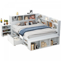 Ethan Multifunctional Daybed with Integrated Storage with Drawers and Bookcase,Full Size,White Full Bed 