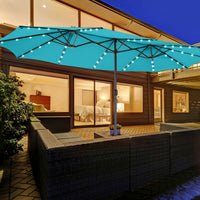 Costway 15 FT Twin Patio Double-Sided Umbrella 48 Solar LED Lights Crank Outdoor Turquoise