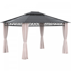 Outsunny 10' X 12' Double roof Hardtop Gazebo With Nettings curtains Khaki