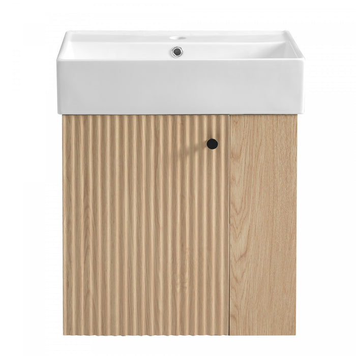 Camille Floating Bathroom Vanity with Ceramic Sink and Right Side Storage, Natural