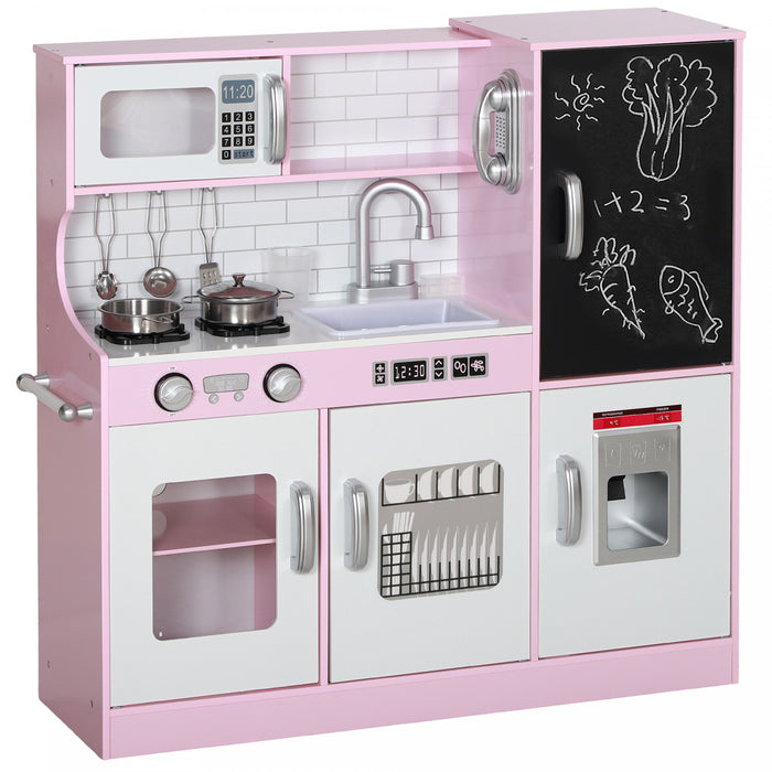 Qaba Play Kitchen For Kids, Kids Kitchen Playset, Pretend Play Kitchen Set With Chalkboard, Ice Maker, Play Phone, Sink, Microwave, 5 Accessories, For Toddlers Ages 3-8 Years