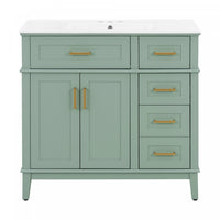 Clara 36 Inch Modern Bathroom Vanity with Ceramic Sink and Multi-Drawer Storage, Light Green
