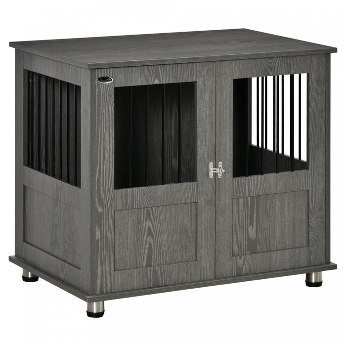Pawhut Dog Crate Furniture With Lockable Magnetic Door, Adjustable Feet, Indoor Dog Kennel End Table For Small & Medium Dogs, Grey