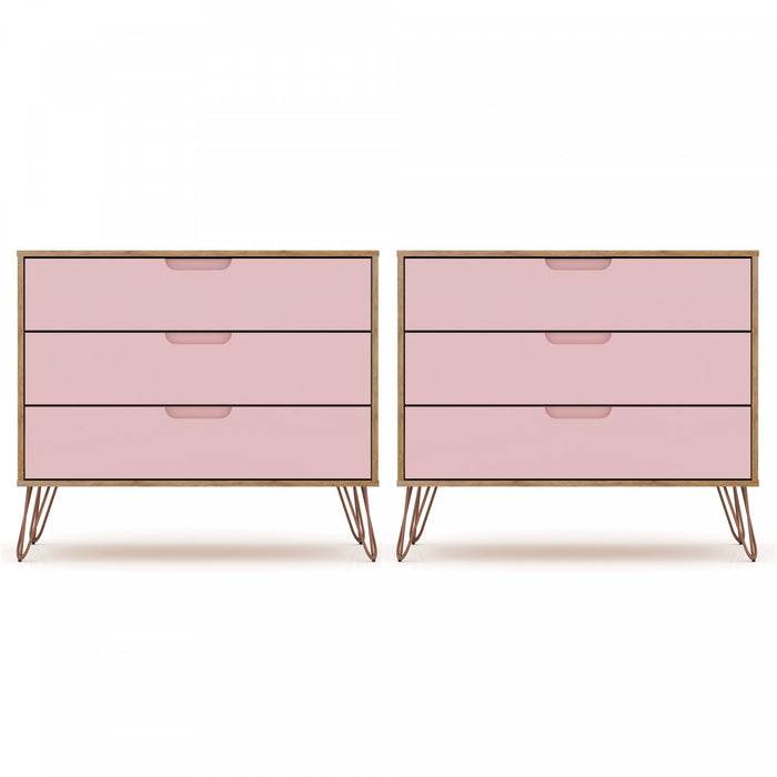 Rockefeller Mid-Century Modern 35\" Dresser in Pink (3-Drawer) - Set of 2