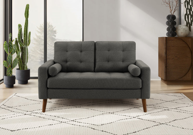 Upholstered Love Seat, 58\" L, Dark Grey Fabric, Walnut Wood Legs, Mid-Century Modern Loveseat