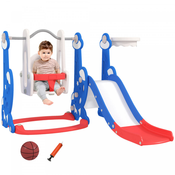 Qaba 4-in-1 Toddler Slide, Baby Kids Indoor Slide and Swing Set with Basketball Hoop, Climber, Indoor Playground for Ages 1.5-4 Boys Girls Toddler, Rocket Themed, Dark Blue