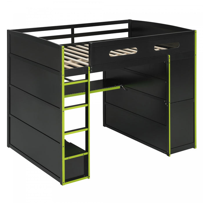 Jerry Wood Loft Bed with Desk and Storage,Full Size,Green Full Bed