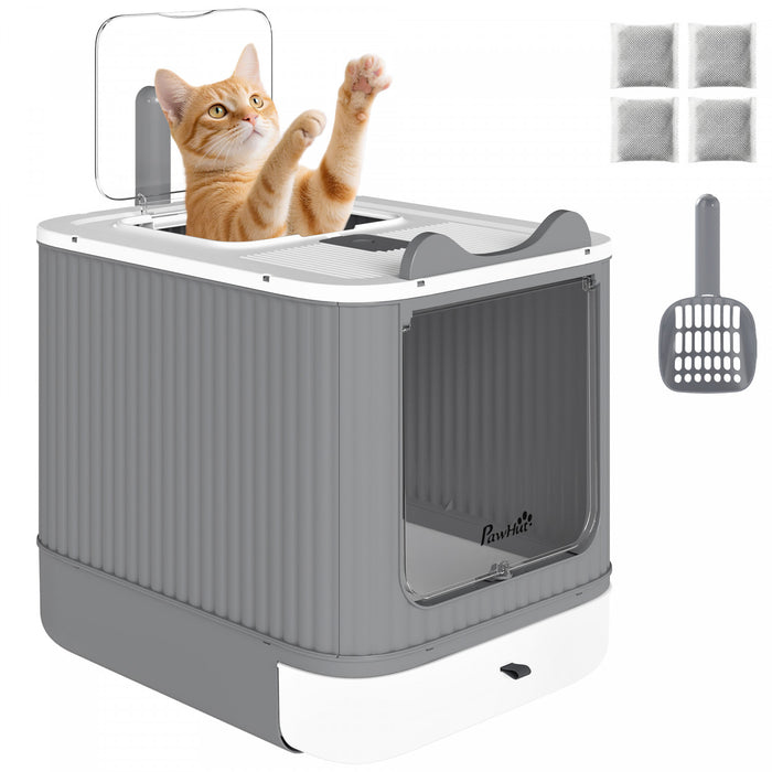 PawHut Cat Litter Box with Lid, Enclosed Kitty Litter Box with Front-Entry and Top-Exit, Scoop, Deodorizer Bag, Non-Sticky and Easy to Clean, for Medium Cats, White