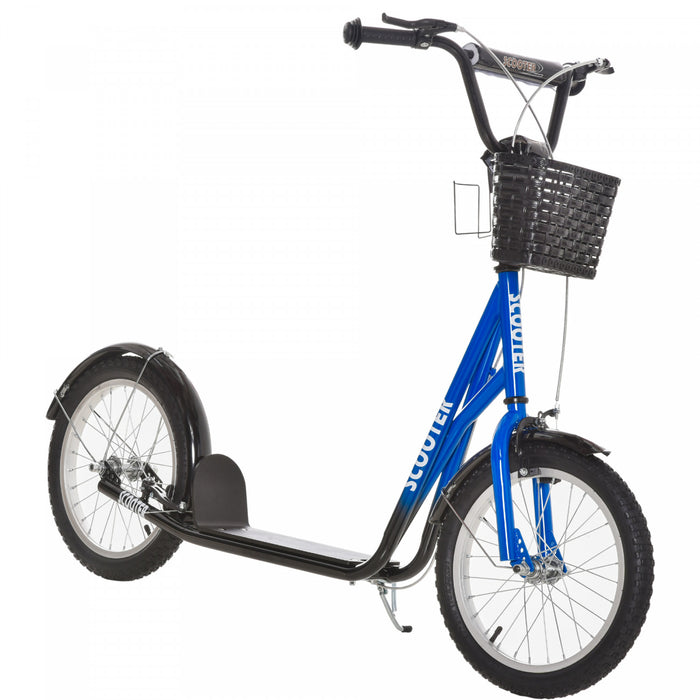 Aosom Scooter For Kids 5-12 Years Old, Teen Big Wheel Scooter With Adjustable Height, 16\" Inflatable Rubber Tyres, Dual Brakes, Cup Holder, Basket, Mudguard - Blue