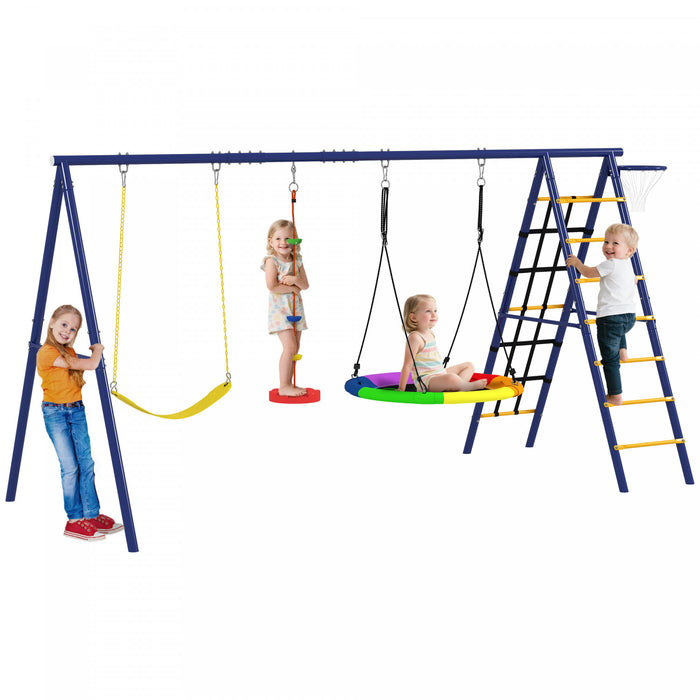 Qaba Swing Set for Backyard, 6 in 1 Heavy Duty Large Metal Swing Set with A-Frame, Belt Swing, Saucer Swing, Disc Rope Swing, Climbing Ladder, Basketball Hoop and Net