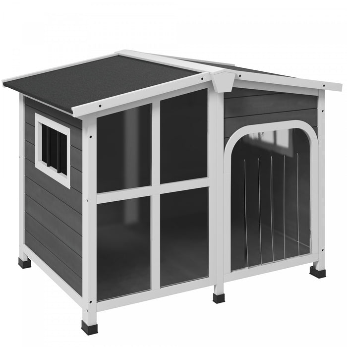 Pawhut Wooden Dog House Outdoor With Removable Bottom, Cabin Style Raised Pet Kennel, With Openable Asphalt Roof, Door Curtain, Side Windows For Large Sized Dog, 88 Lbs., Dark Gray