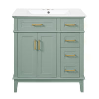 Savannah 30 Inch Bathroom Vanity with Ceramic Sink and Spacious Storage Cabinet, Light Green