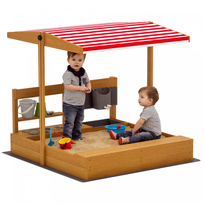 Outsunny Kids Sandbox with Cover, Wooden Sand Box with Adjustable Cover, Kitchen Playset Toys, Seat, Storage, Outdoor Sand Play for 3-7 Years Old, 45 x 43 x 43inch, Red