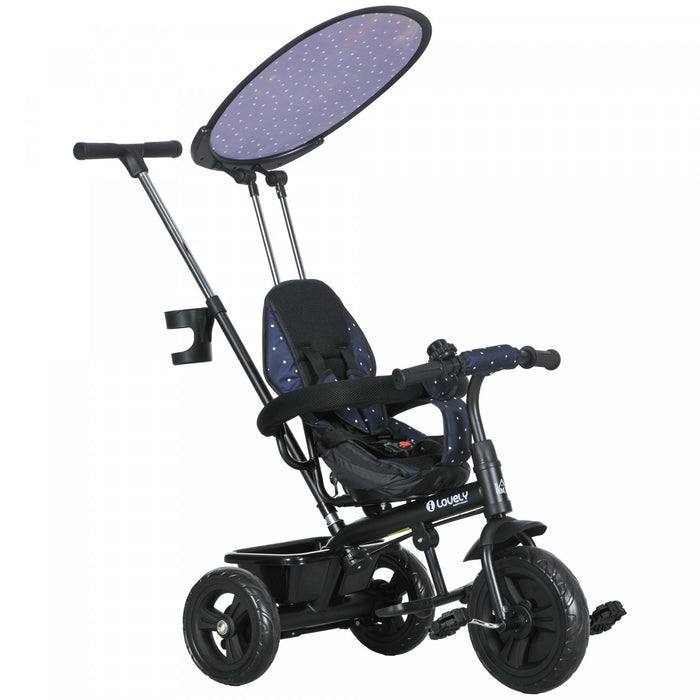 Qaba Kids Tricycle, 6 In 1 Push Bike Stroller With Removable Handlebar, Safety Fence And 5-point Harness, Canopy, Storage Basket, For Toddler 12-60 Months, Navy Blue