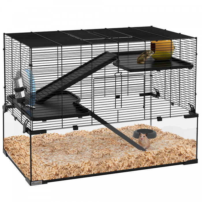 Pawhut Hamster Cage, Gerbil Cage With Glass Basin, Ramps, Platforms, Hut, Exercise Wheel, For Syrian And Dwarf Hamsters, Black, L