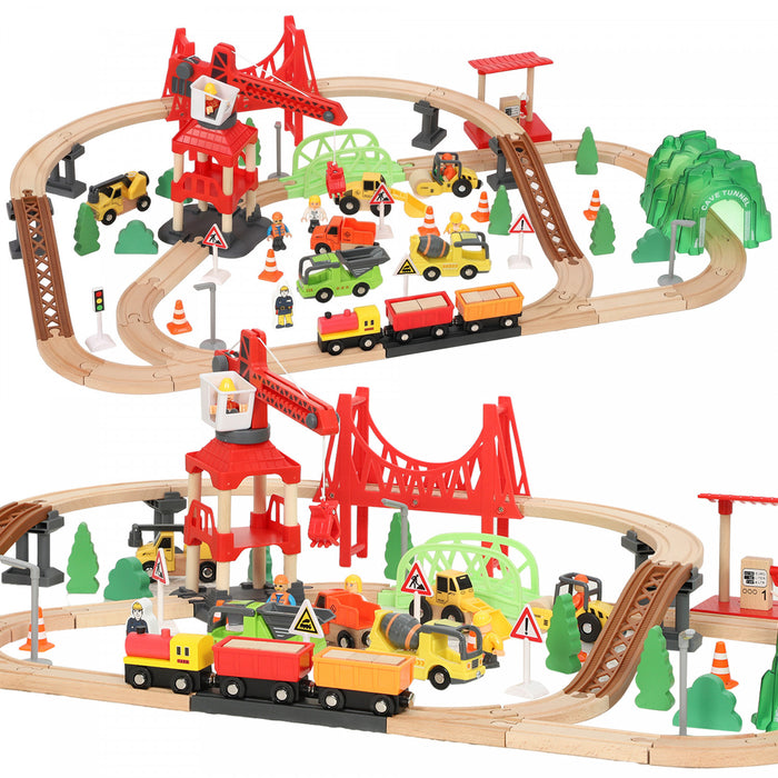 Qaba 91PCS Wooden Train Set, Toy Railway Set with Magnetic Crane and Sound Effects Track, 9 Construction Vehicles & Accessories, STEM Toy Gift for Kids Ages 3+