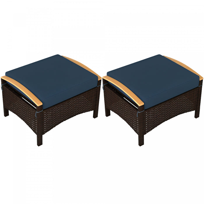 Outsunny 2 Pieces Wicker Outdoor Ottoman Footstool, Removable Cushion, Blue