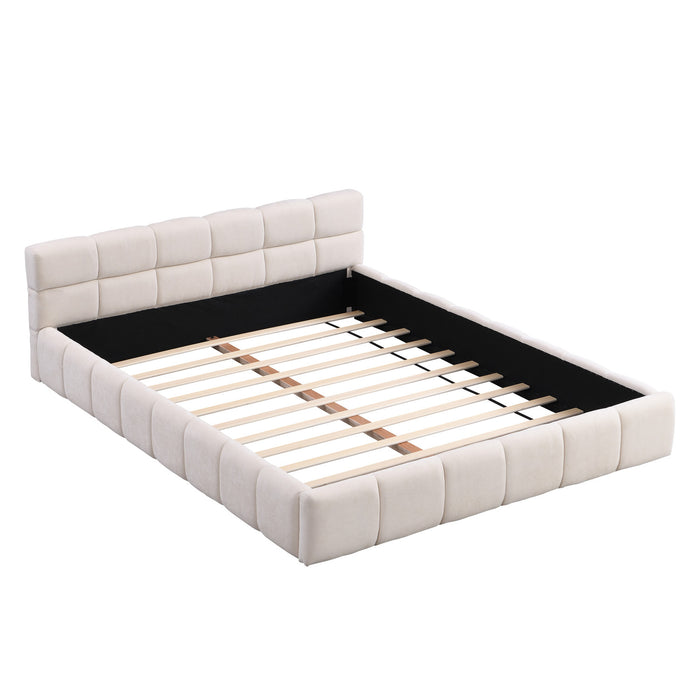 Eleanor Elegant Chenille Upholstered Bed with Checkerboard Design,Queen Size,Beige Queen Bed