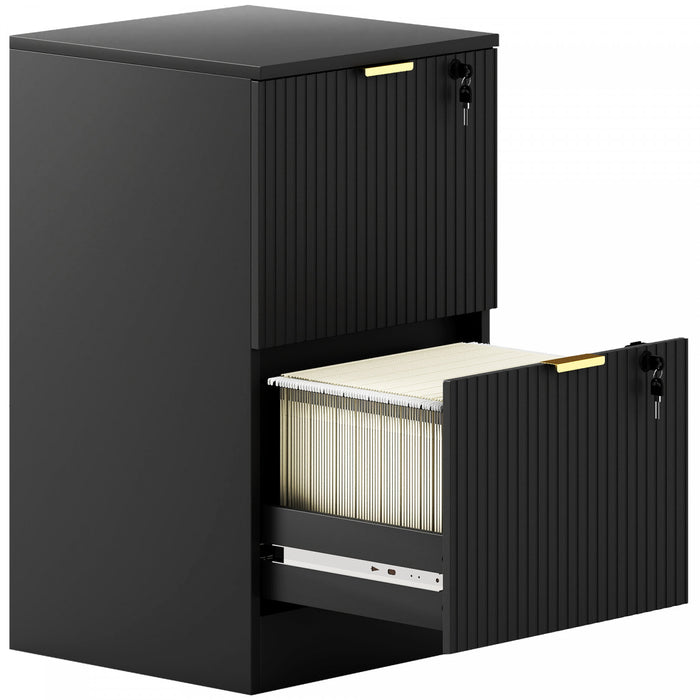 HOMCOM 2 Drawer File Cabinet Fluted Vertical Filing Cabinet with Lock Black