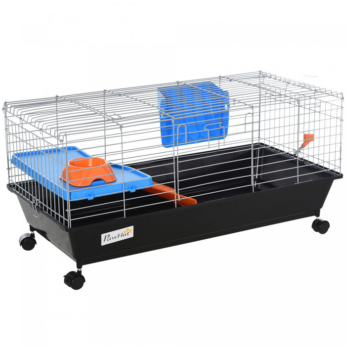 Pawhut 35\" Small Animal Cage, Rolling Bunny Cage, Guinea Pig Cage With Food Dish, Water Bottle, Hay Feeder, Platform, Ramp For Ferret Chinchilla, Black