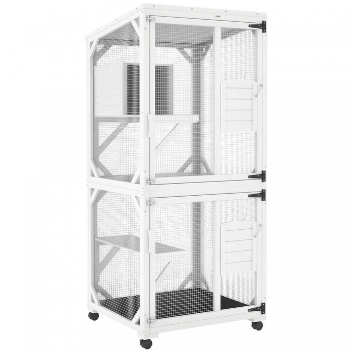 Pawhut 71\" H Large Catio Outdoor Cat Enclosure, Wooden Kitten House For Patio, Elevated Design With Wheels, Resting Box, Water-resistant, Multi Platforms, For 1-3 Cats, White