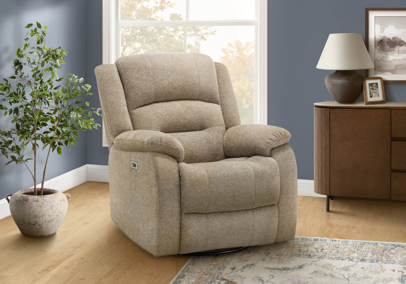 Large Upholstered Power Reclining Chair, Usb Ports Included, Beige Fabric, Transitional Recliner