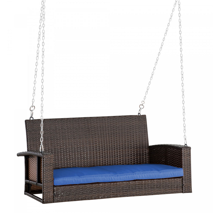 Outsunny 2-person Patio Porch Swing Chair, Outdoor Rattan Hanging Bench With Cushion & 7.2 Ft Steel Chains, Dark Blue